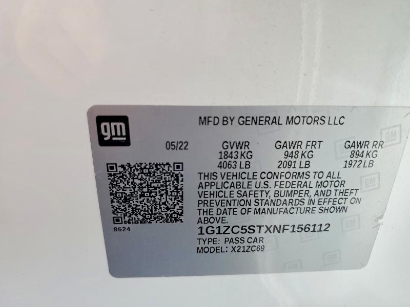 50245096 :رقم المزاد ، 1G1ZC5STXNF156112 vin ، 2022 Chevrolet Malibu مزاد بيع