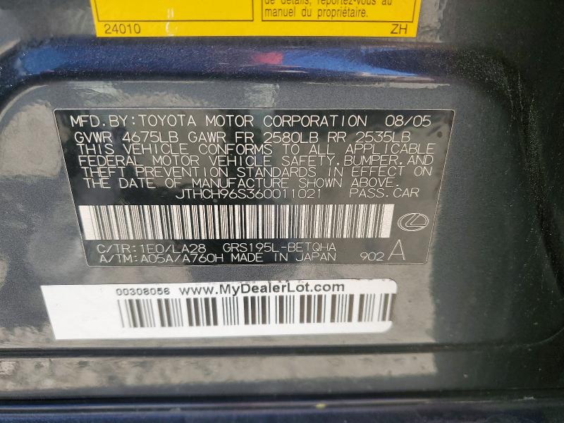 Aukcja sprzedaży 2006 Lexus Gs, vin: JTHCH96S360011021, numer aukcji: 50657836