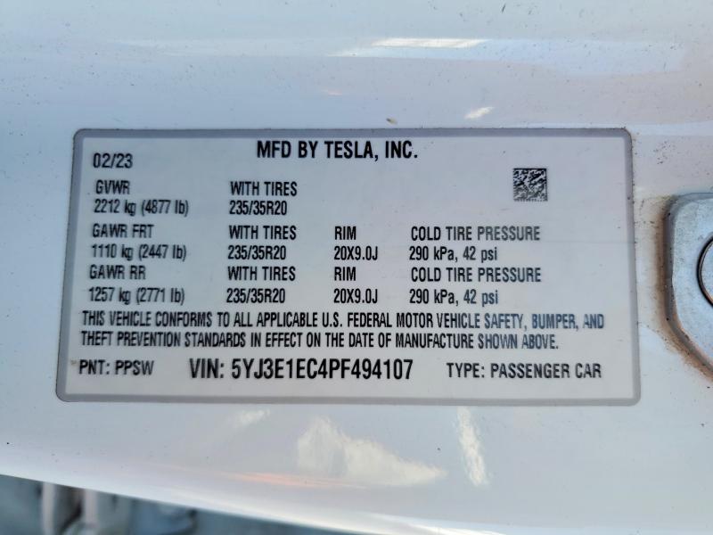 52016456 :رقم المزاد ، 5YJ3E1EC4PF494107 vin ، 2023 Tesla Model 3 مزاد بيع
