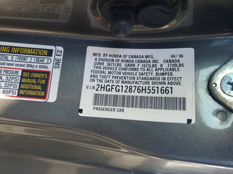 Продажа на аукционе авто 2006 Honda Civic, vin: 2HGFG12876H551661, номер лота: 48997216