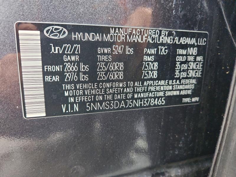 Aukcja sprzedaży 2022 Hyundai Santa Fe, vin: 5NMS3DAJ5NH378465, numer aukcji: 51453446