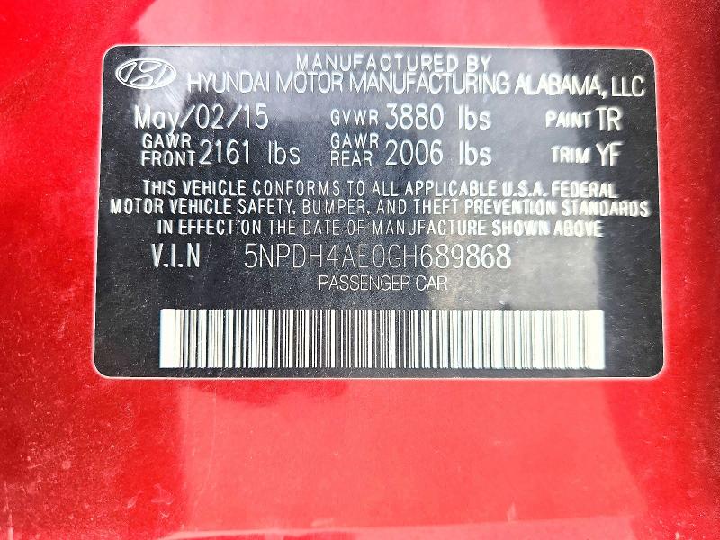 51073126 :رقم المزاد ، 5NPDH4AE0GH689868 vin ، 2016 Hyundai Elantra مزاد بيع