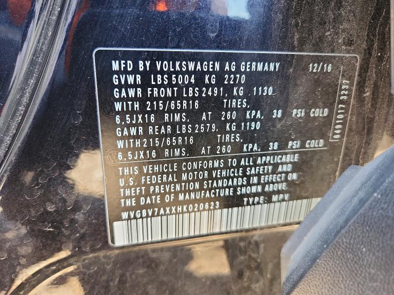 49957086 :رقم المزاد ، WVGBV7AXXHK020623 vin ، 2017 Volkswagen Tiguan مزاد بيع