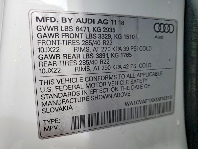 47503446 :رقم المزاد ، WA1CVAF1XKD015518 vin ، 2019 Audi Q8 مزاد بيع