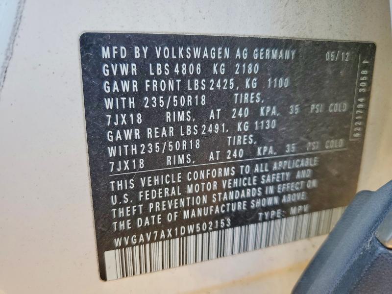 2013 Volkswagen Tiguan მანქანა იყიდება აუქციონზე, vin: WVGAV7AX1DW502153, აუქციონის ნომერი: 48919536