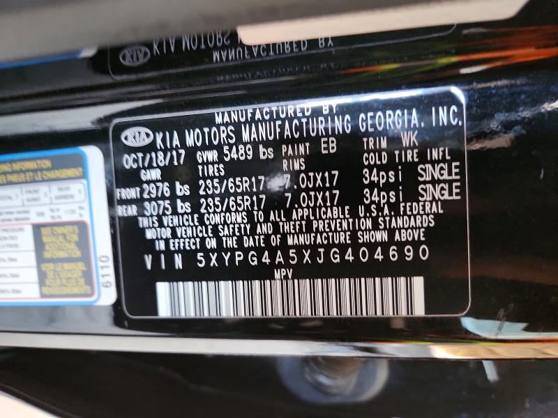 2018 Kia Sorento მანქანა იყიდება აუქციონზე, vin: 5XYPG4A5XJG404690, აუქციონის ნომერი: 49800586