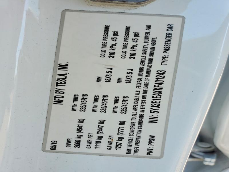 Продаж на аукціоні авто 2019 Tesla Model 3, vin: 5YJ3E1EAXKF401243, номер лоту: 50131746