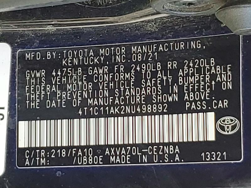 Продажа на аукционе авто 2022 Toyota Camry, vin: 4T1C11AK2NU498892, номер лота: 49516626