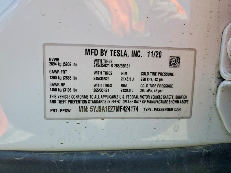 48969646 :رقم المزاد ، 5YJSA1E27MF424174 vin ، 2021 Tesla Model S مزاد بيع