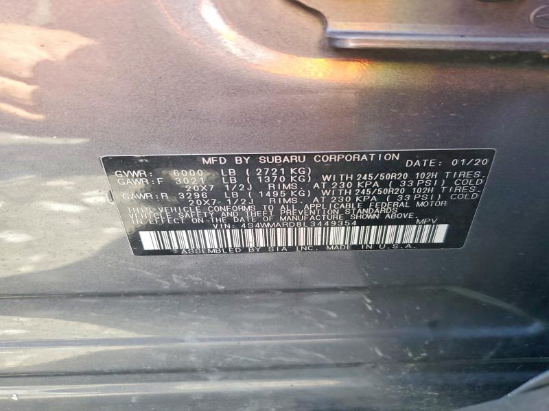 2020 Subaru Ascent მანქანა იყიდება აუქციონზე, vin: 4S4WMARD8L3449354, აუქციონის ნომერი: 50520106