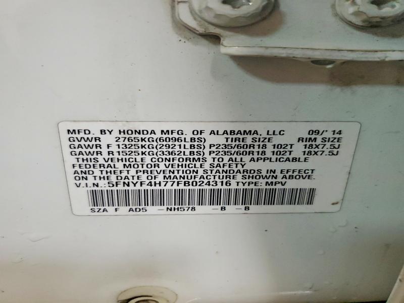2015 Honda Pilot მანქანა იყიდება აუქციონზე, vin: 5FNYF4H77FB024316, აუქციონის ნომერი: 50785816