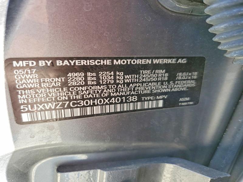 2017 Bmw X3 მანქანა იყიდება აუქციონზე, vin: 5UXWZ7C30H0X40138, აუქციონის ნომერი: 51903286