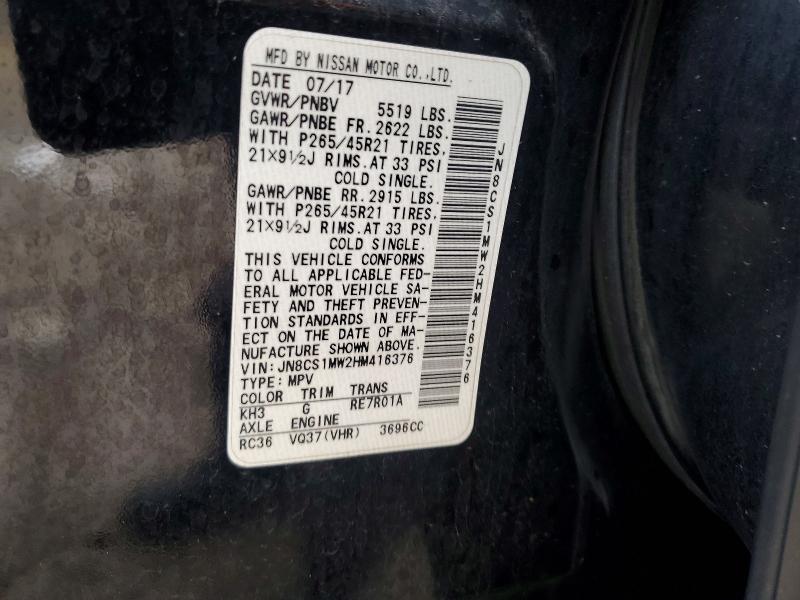 Aukcja sprzedaży 2017 Infiniti Qx70, vin: JN8CS1MW2HM416376, numer aukcji: 50772446