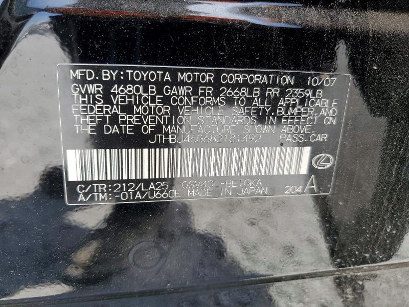 50365606 :رقم المزاد ، JTHBJ46G682181492 vin ، 2008 Lexus Es مزاد بيع