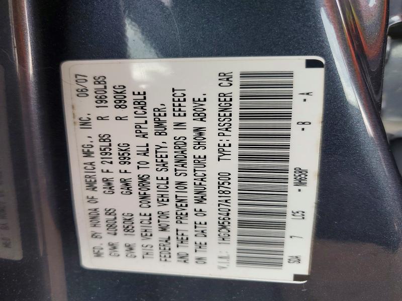 Aukcja sprzedaży 2007 Honda Accord, vin: 1HGCM56407A187500, numer aukcji: 50455206