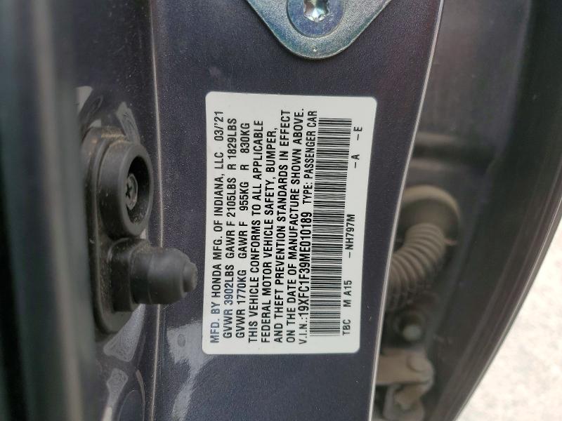 Aukcja sprzedaży 2021 Honda Civic, vin: 19XFC1F39ME010189, numer aukcji: 51807796