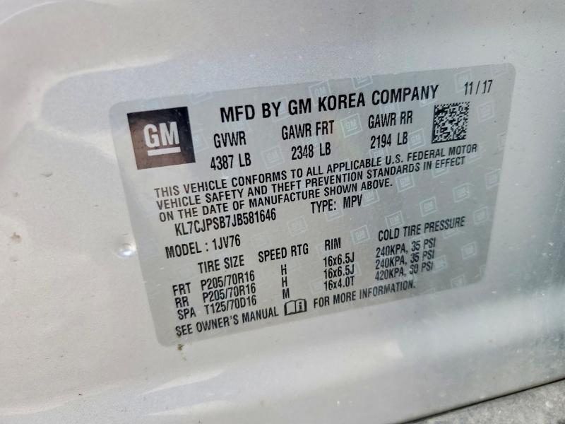 50968206 :رقم المزاد ، KL7CJPSB7JB581646 vin ، 2018 Chevrolet Trax مزاد بيع