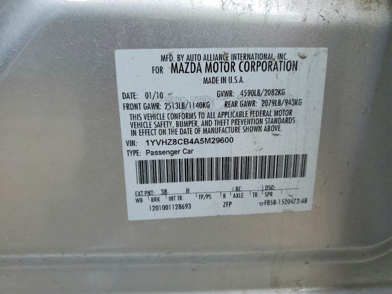 2010 Mazda 6 მანქანა იყიდება აუქციონზე, vin: 1YVHZ8CB4A5M29600, აუქციონის ნომერი: 48469916