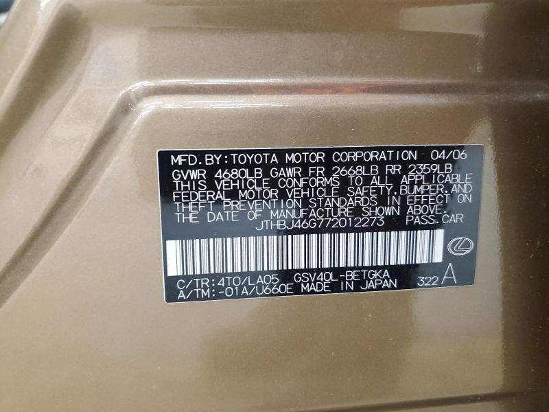 48241986 :رقم المزاد ، JTHBJ46G772012273 vin ، 2007 Lexus Es 350 مزاد بيع