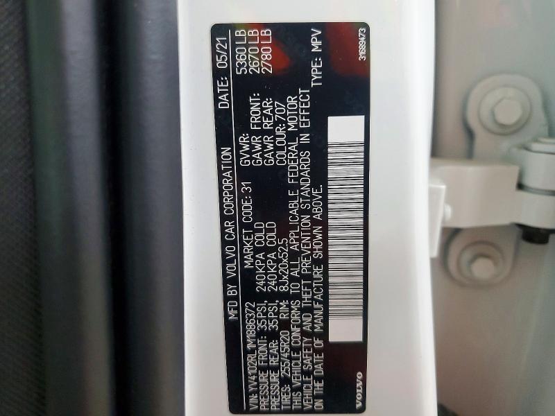 49070216 :رقم المزاد ، YV4102RL1M1886372 vin ، 2021 Volvo Xc60 مزاد بيع