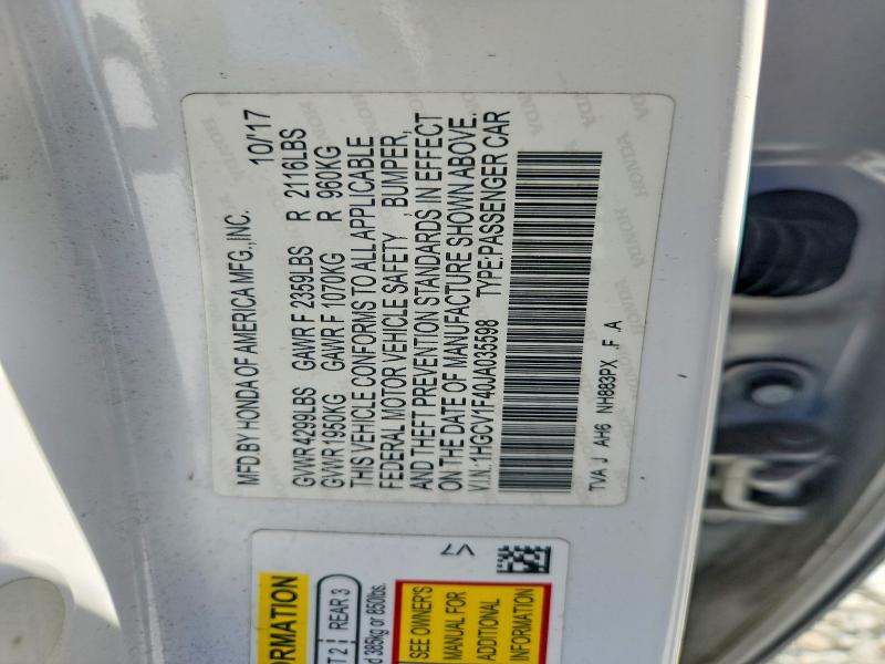 2018 Honda Accord მანქანა იყიდება აუქციონზე, vin: 1HGCV1F40JA035598, აუქციონის ნომერი: 48337896