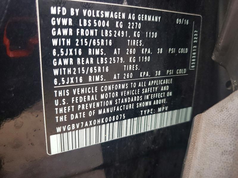 Продаж на аукціоні авто 2017 Volkswagen Tiguan, vin: WVGBV7AX0HK008075, номер лоту: 50323126
