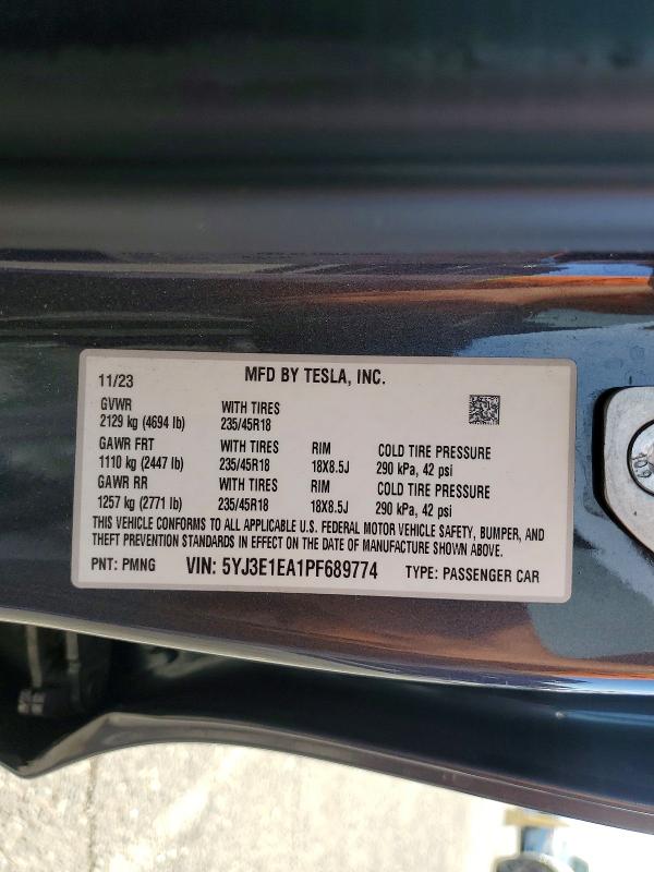 2023 Tesla Model 3 მანქანა იყიდება აუქციონზე, vin: 5YJ3E1EA1PF689774, აუქციონის ნომერი: 51008966