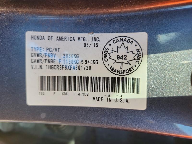 50156036 :رقم المزاد ، 1HGCR3F9XFA801730 vin ، 2015 Honda Accord مزاد بيع