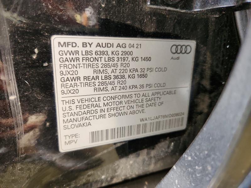 48642256 :رقم المزاد ، WA1LJAF78MD038024 vin ، 2021 Audi Q7 مزاد بيع