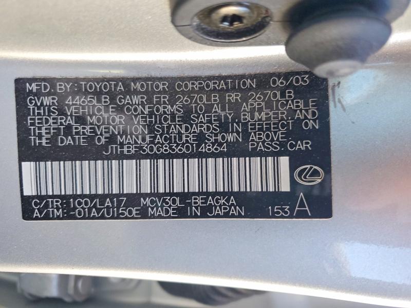 48798406 :رقم المزاد ، JTHBF30G836014864 vin ، 2003 Lexus Es 300 مزاد بيع