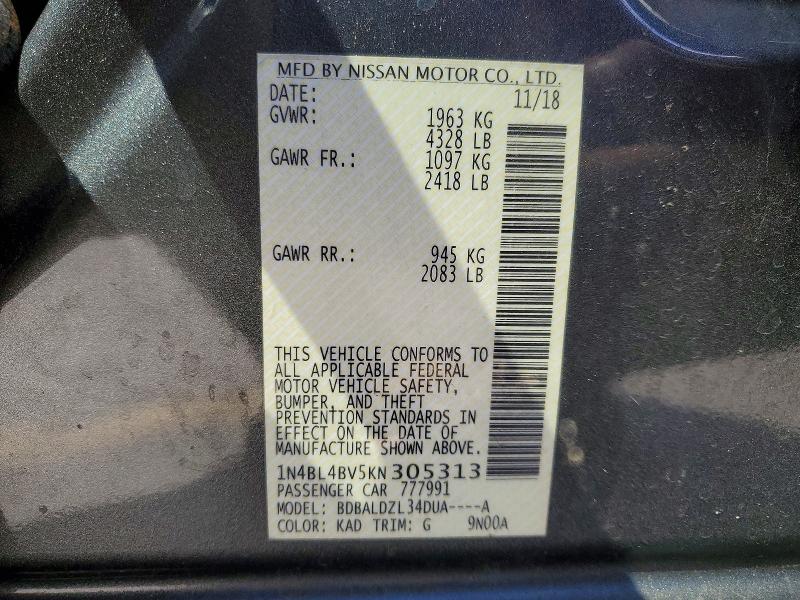 2019 Nissan Altima მანქანა იყიდება აუქციონზე, vin: 1N4BL4BV5KN305313, აუქციონის ნომერი: 50531046