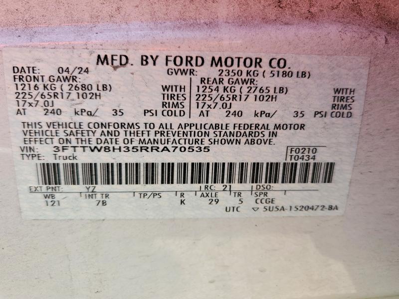Продаж на аукціоні авто 2024 Ford Maverick, vin: 3FTTW8H35RRA70535, номер лоту: 51098896