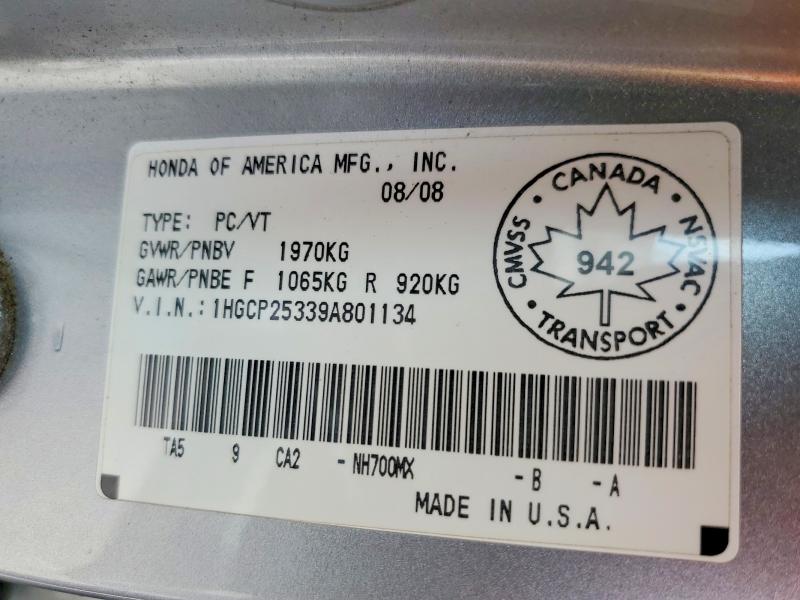 49807636 :رقم المزاد ، 1HGCP25339A801134 vin ، 2009 Honda Accord مزاد بيع
