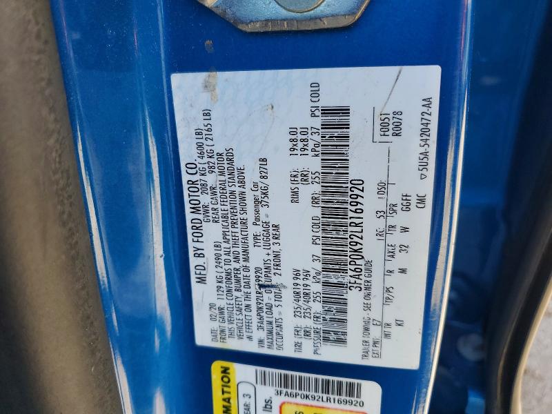 51365196 :رقم المزاد ، 3FA6P0K92LR169920 vin ، 2020 Ford Fusion مزاد بيع