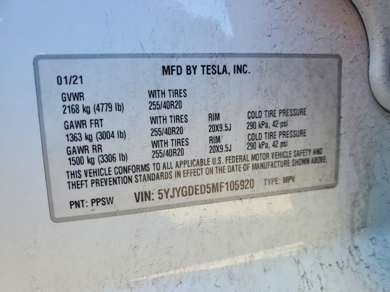Aukcja sprzedaży 2021 Tesla Model Y, vin: 5YJYGDED5MF105920, numer aukcji: 49985636
