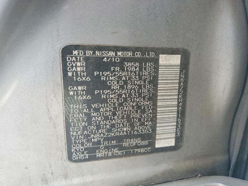 2010 Nissan Cube მანქანა იყიდება აუქციონზე, vin: JN8AZ2KR4AT163353, აუქციონის ნომერი: 50316686