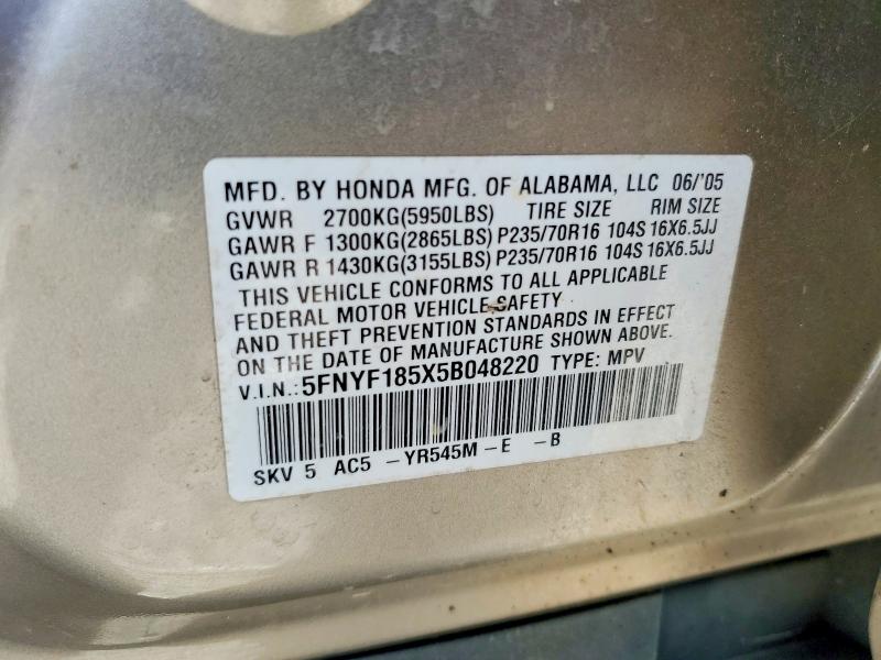Aukcja sprzedaży 2005 Honda Pilot, vin: 5FNYF185X5B048220, numer aukcji: 49414106