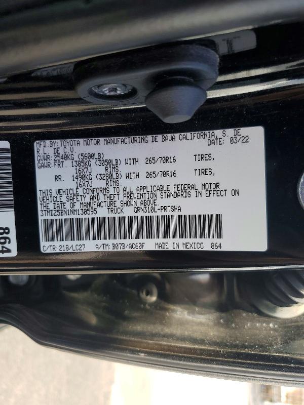 Aukcja sprzedaży 2022 Toyota Tacoma, vin: 3TMDZ5BN1NM130595, numer aukcji: 48288426
