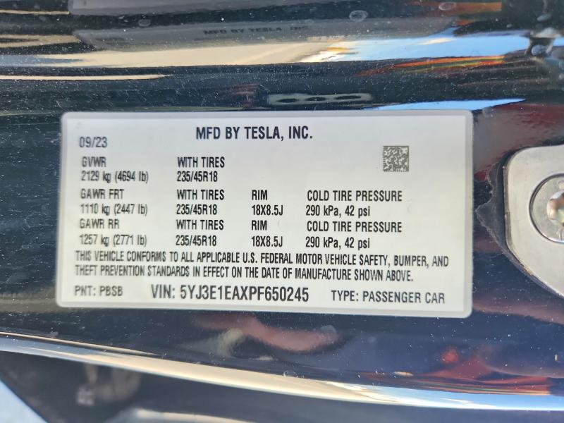2023 Tesla Model 3 მანქანა იყიდება აუქციონზე, vin: 5YJ3E1EAXPF650245, აუქციონის ნომერი: 49953696