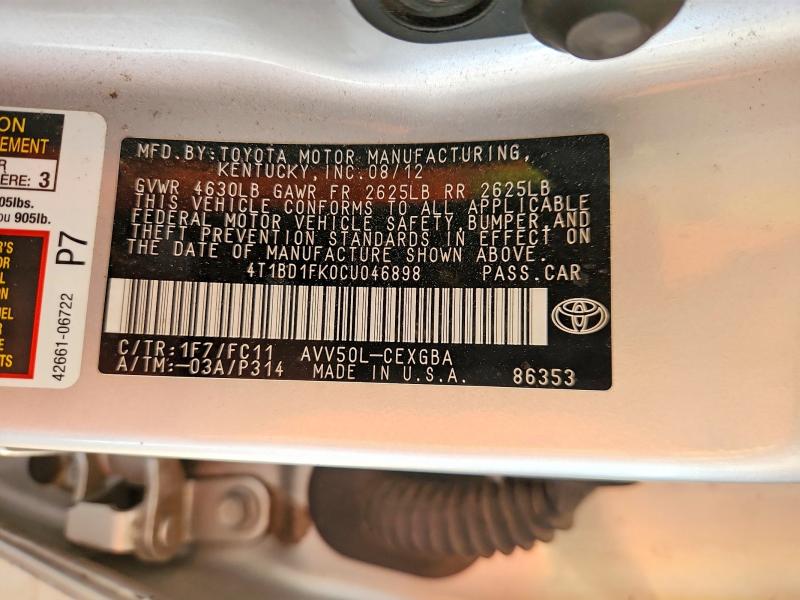 Продаж на аукціоні авто 2012 Toyota Camry Hybrid, vin: 4T1BD1FK0CU046898, номер лоту: 51319976