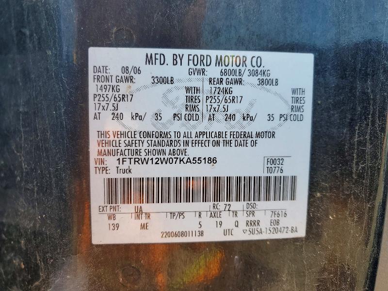 2007 Ford F150 მანქანა იყიდება აუქციონზე, vin: 1FTRW12W07KA55186, აუქციონის ნომერი: 52144686