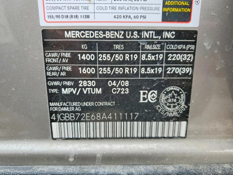 Auction sale of the 2008 Mercedes-benz Ml, vin: 4JGBB72E68A411117, lot number: 48283616