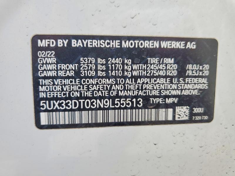 49043856 :رقم المزاد ، 5UX33DT03N9L55513 vin ، 2022 Bmw X4 مزاد بيع