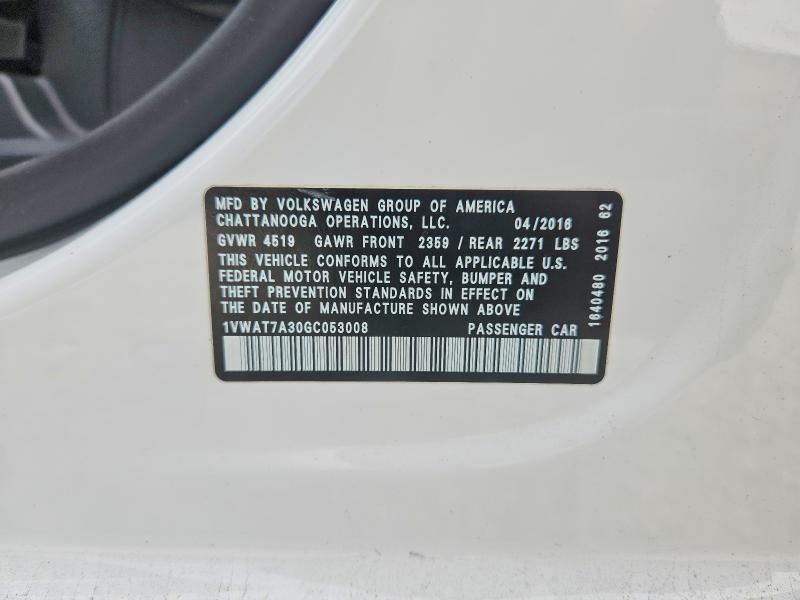 50945816 :رقم المزاد ، 1VWAT7A30GC053008 vin ، 2016 Volkswagen Passat مزاد بيع