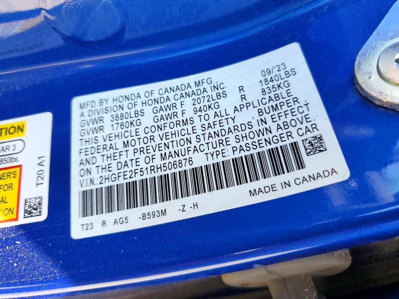 2024 Honda Civic მანქანა იყიდება აუქციონზე, vin: 2HGFE2F51RH506876, აუქციონის ნომერი: 52077146