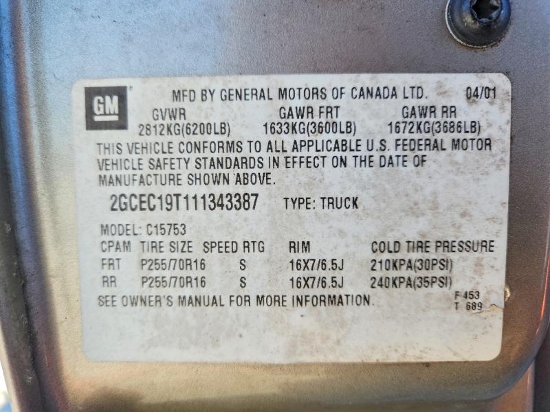 49419856 :رقم المزاد ، 2GCEC19T111343387 vin ، 2001 Chevrolet Silverado مزاد بيع