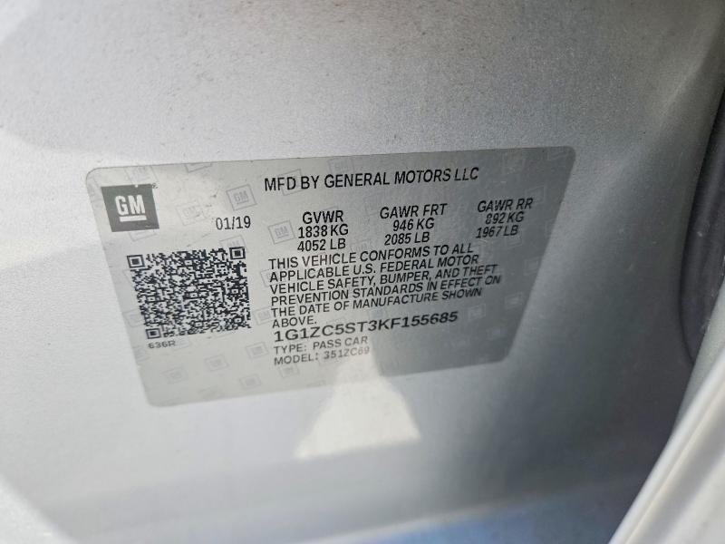48705046 :رقم المزاد ، 1G1ZC5ST3KF155685 vin ، 2019 Chevrolet Malibu مزاد بيع