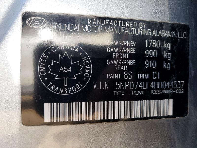 51494626 :رقم المزاد ، 5NPD74LF4HH044537 vin ، 2017 Hyundai Elantra مزاد بيع