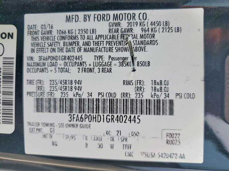 Продажа на аукционе авто 2016 Ford Fusion, vin: 3FA6P0HD1GR402445, номер лота: 48484926
