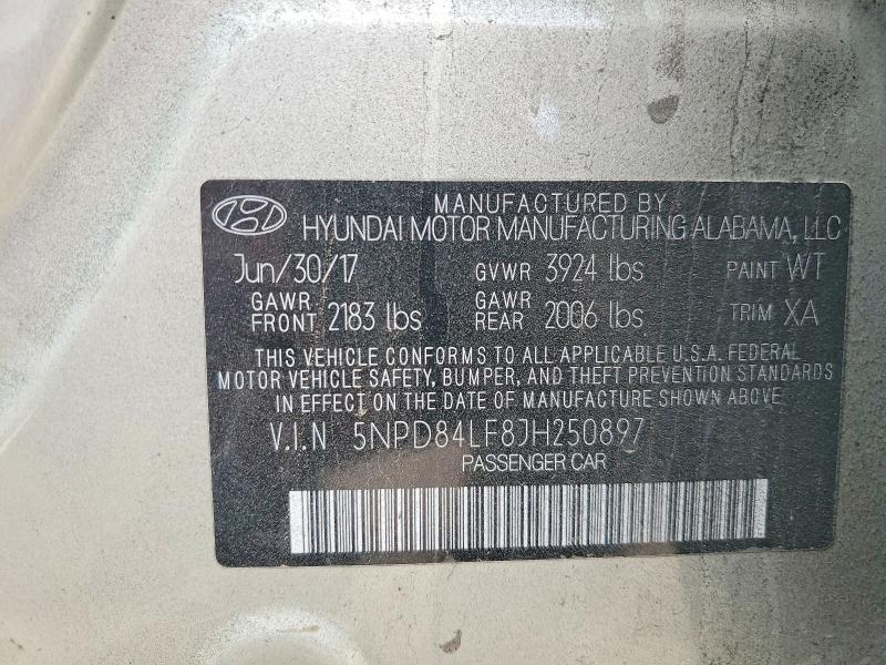 49460346 :رقم المزاد ، 5NPD84LF8JH250897 vin ، 2018 Hyundai Elantra مزاد بيع
